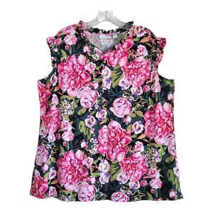 SUSAN GRAVER Plus 1X Blouse Top Sleeveless Ruffle Tropical Floral Liquid Knit 44